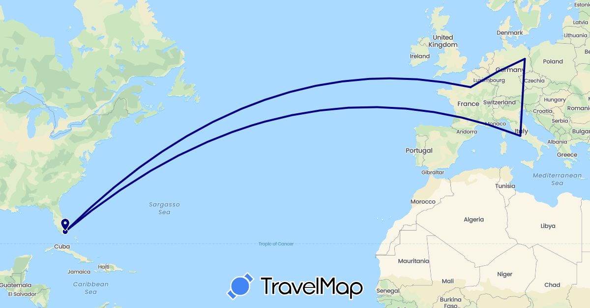 TravelMap itinerary: driving in Germany, France, Italy, United States (Europe, North America)
